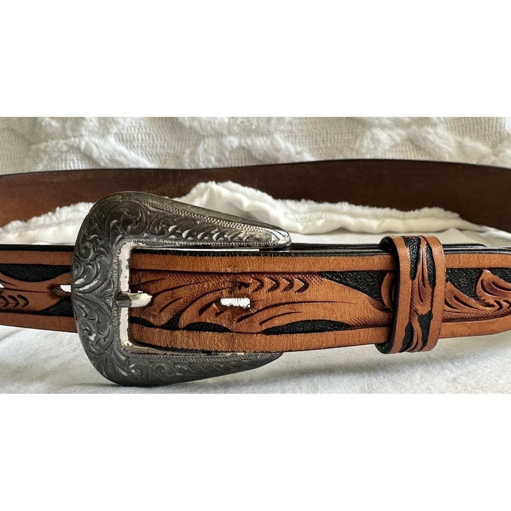 Women's Leather Hand Tooled Studded Floral Feather Brown Leather Belt 38 Western